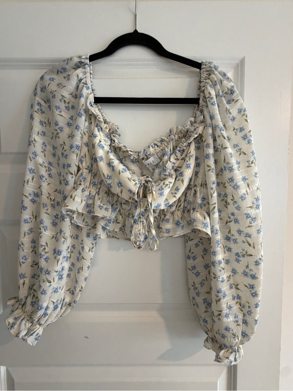Smocked Cream Blouse with Blue Floral Print and Tie Front